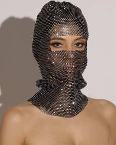 Close-up of black mesh balaclava mask featuring shimmering crystal rhinestones