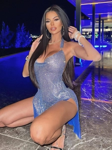 Sparkly blue metal mesh rhinestone mini dress with halter neck and side slit detail