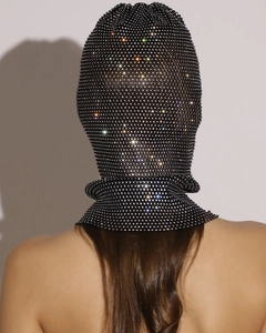 Rear view of luxury rhinestone fishnet head mask with shimmering colorful crystals