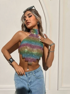 Sparkly rainbow gradient rhinestone halter top with metallic mesh and open back design