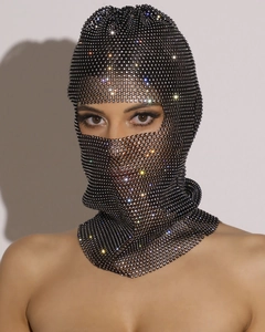 Close-up of high-elasticity fishnet face mask featuring shimmering rhinestones and full coverage