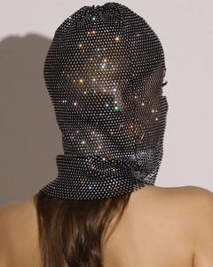 Detailed view of elastic fishnet balaclava mask decorated with sparkling rhinestones