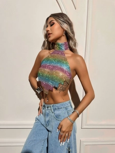 Rainbow gradient halter top with shimmering rhinestones and backless cropped design