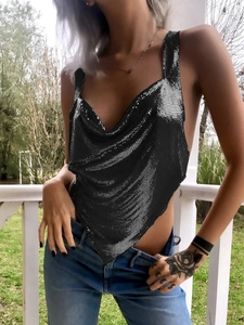 Women's black metal sequin crop top with cowl neck and handkerchief hem for parties