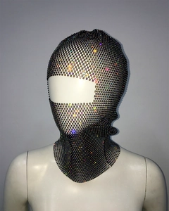 Detail of black fishnet balaclava with colorful rhinestones for rave parties