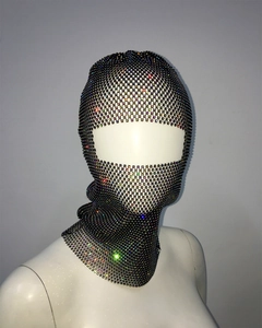 Macro detail of elastic fishnet head cover with sparkling multicolored rhinestones