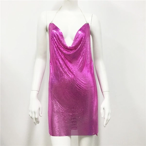 Close-up of rose red sequin mini dress featuring a deep V-neck and halter strap detail