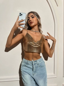 Chic gold metal mesh sequin crop top with deep V-neck and thin straps for party wear