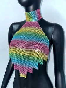 Detailed macro view of rainbow gradient rhinestone mesh halter top with sparkling crystals