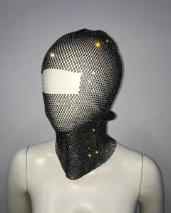 Detail of black mesh balaclava with vibrant colorful rhinestones for holiday parties