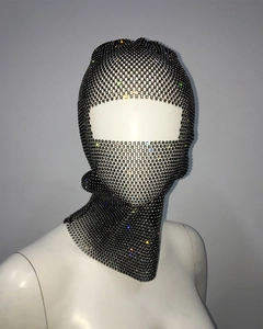 Close-up of black rhinestone mesh balaclava headwear with colorful crystals for festivals