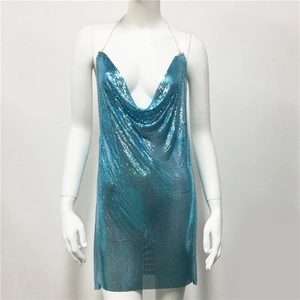 Detail showing the sky blue metallic sequin fabric and plunging cowl neck of the dress