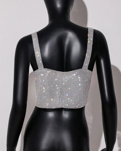 Detail shot of sparkling silver rhinestone crop top with metallic mesh and U-back design