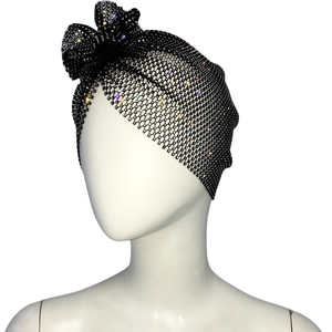 Turban en résille noir avec strass scintillants et nœud pour fête rétro et style mode