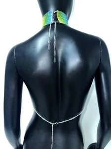 Detail of rainbow gradient rhinestone choker with elegant V-shaped back chain on mannequin