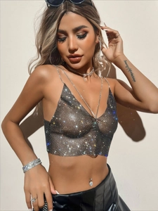 Top corto sexy in rete con strass neri canotta luccicante per feste ed eventi