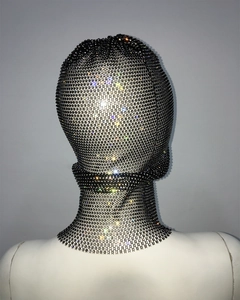 Detail of black rhinestone mesh balaclava showing sparkling crystal net and neck coverage