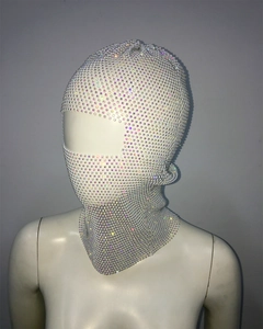 Detail of white balaclava hood featuring colorful AB rhinestones and sparkling mesh