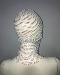 Detailed view of white fishnet balaclava mask with iridescent rhinestones and sequins