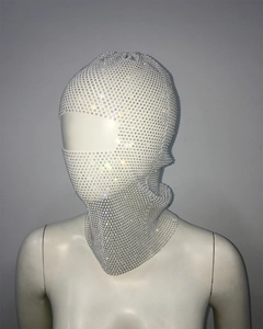 Close-up of sparkling rhinestone balaclava mesh mask for fashion parties and events