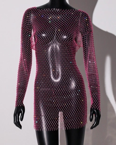 Detail of hot pink long sleeve mesh dress featuring sparkling colorful rhinestones