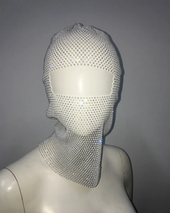 Macro shot of high-density rhinestone mesh mask with detailed sparkling net structure
