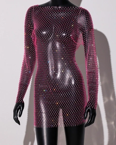 Close-up of hot pink rhinestone mesh mini dress with intricate fishnet knit detail