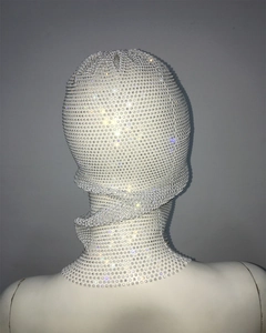 Detailed back view of a sparkling rhinestone balaclava mask covering head and shoulders