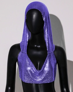 Detail of purple sequin metallic cowl neck top with integrated hood for party wear