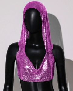 Detail of purple metallic sequin chainmail hooded top featuring a reflective disco texture