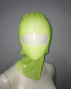 Detailed view of neon green rhinestone mesh headpiece on a mannequin head