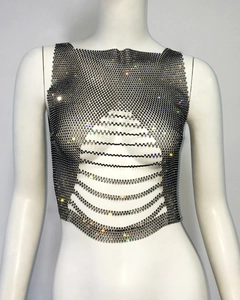 Close-up of sparkling colorful rhinestones on mesh top with horizontal cut-out design