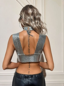 Silver metallic sequin halter crop top with backless design for party and festival style