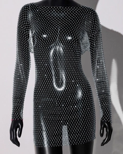 Detail showing the sheer mesh grid and sparkling rhinestones on long sleeve mini dress
