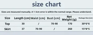 Detailed size chart for sequin fringe set showing top and skirt measurements