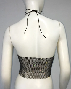 Detail of back lace-up closure on black rhinestone mesh halter top for music festivals