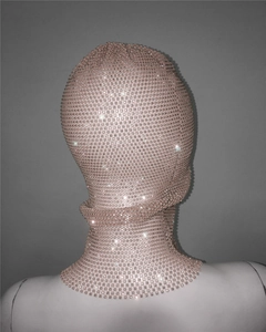 Detail of rose gold rhinestone mesh balaclava with crystal face mask for party fashion