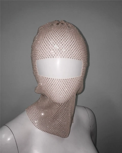 Macro detail of the sparkling rhinestones on the pink mesh balaclava face mask