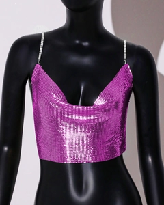 Macro detail of purple sequin metal mesh top with sparkling diamond chain straps
