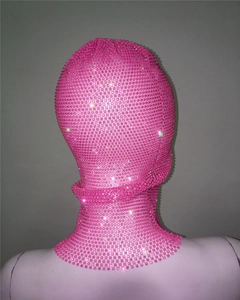 Macro detail of sparkly pink rhinestone mesh full face mask and hood accessory