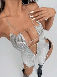 Metallic rhinestone halter top with deep V-neck and open back for summer party clubs