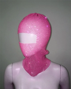 Detailed view of pink rhinestone balaclava with high elasticity and eye opening