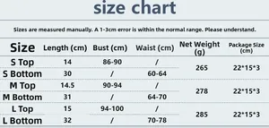 Detailed size chart for women's two-piece set including bust, waist, and length measurements