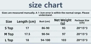 Detailed size chart for sexy rhinestone fishnet camisole top showing length and bust dimensions