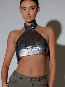 Metallic silver sequin halter neck crop top for women in trendy party style