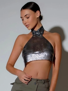 Silver metallic sequin halter crop top vest with glitter mesh for party and clubwear