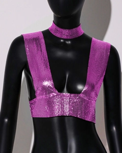 Detail of pink metal mesh sequin crop top with matching choker for party wear