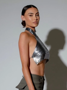 Metallic silver sequin halter top with backless design and chainmail style for women