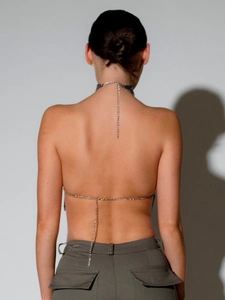 Silver metal sequin halter neck top with open back design and rhinestone chain straps