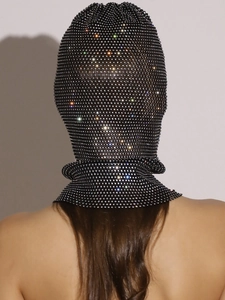 Black fishnet mesh hood with sparkling silver rhinestones, back view for party styling